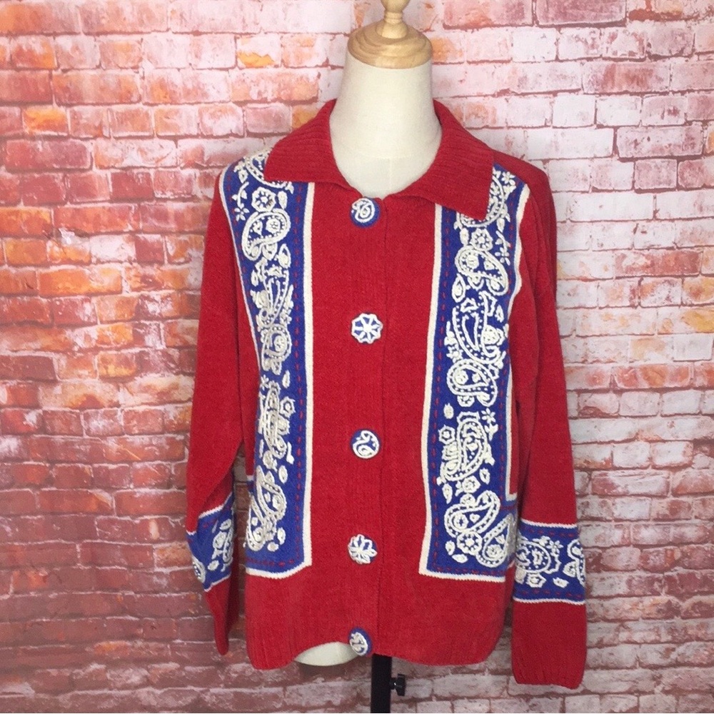 Vintage 80s Belle Pointe Red and Blue Button Down Cardigan Sweater